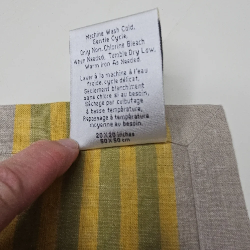Williams Sonoma Set/4 100% Linen Dinner Napkins Neutral Tan Yellow Green Stripe